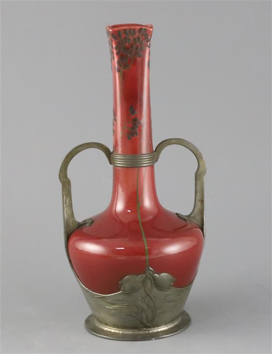 An Orivit Art Nouveau pewter-mounted flambe bottle vase, c.1900, 28cm